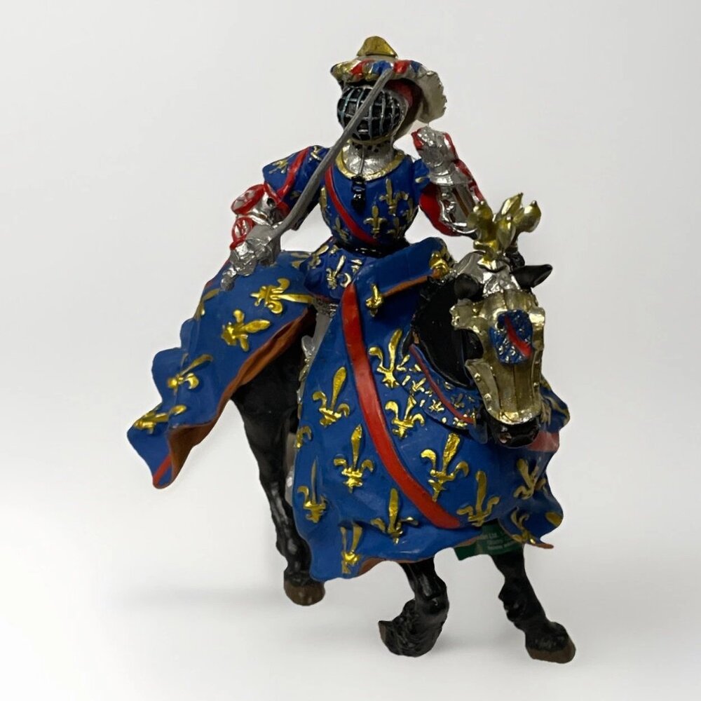 Plastoy Mounted Armoured Knight & Black Horse Blue Gold Fleur-De-Lys Medieval